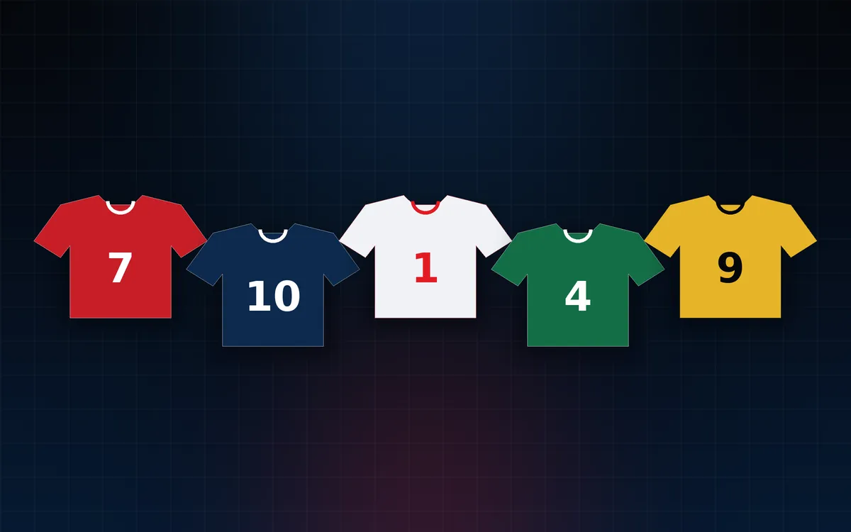 Row of plain numbered football shirts in different colours