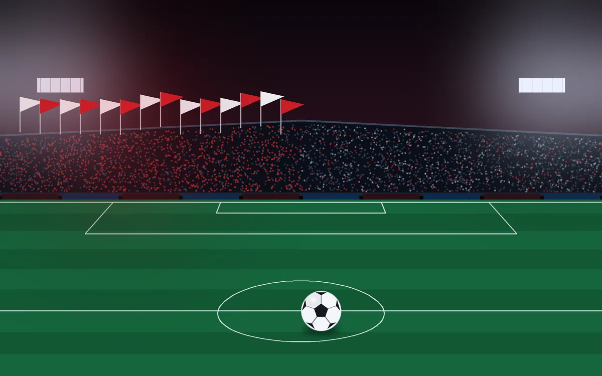 Stadium illustration with a home end of red-clad supporters and waving flags above the stands