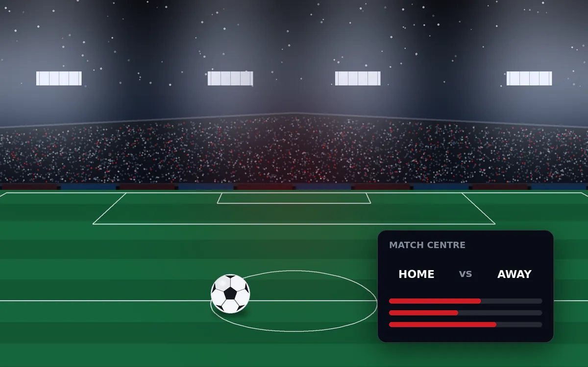 Night-time football stadium illustration with floodlights, a striped pitch, a ball and a match-centre panel