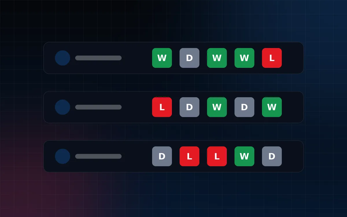 Illustration of three team rows each showing a sequence of win, draw and loss tiles